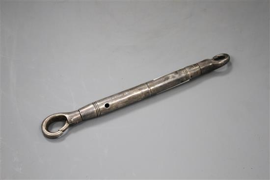 An unusual late Victorian silver combination whistle and propelling pencil?, with clip terminals, Mappin Brothers, Sheffield, 1900,
